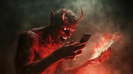 Red devil using smartphone browsing social media