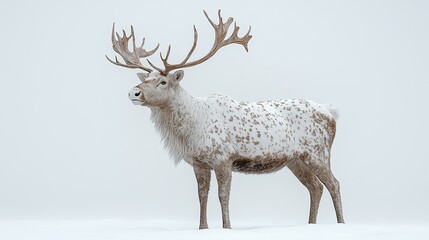 Majestic white reindeer standing in a snowy landscape, showcasing its antlers against a serene backdrop