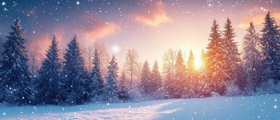 Fototapeta premium Winter Landscape with Snow-Covered Trees at Sunset and Gentle Snowfall