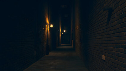 Fototapeta premium Mysterious Night Alley: A dimly lit alleyway, shrouded in shadows, creates a sense of mystery and intrigue. The perspective draws the viewer down a narrow passage between tall brick walls.