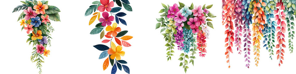 Fototapeta premium Vibrant floral arrangements featuring lush bouquets of colorful flowers leaves and greenery garlands on a clean white background Elegant romantic and decorative floral elements for design wallpaper