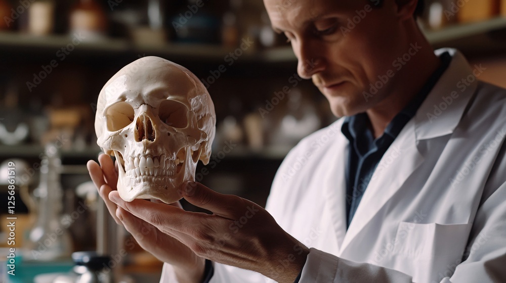 Poster scientist examining human skull in laboratory setting