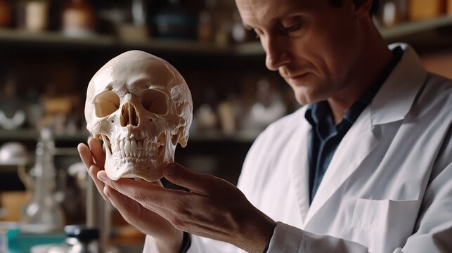 Scientist examining human skull in laboratory setting