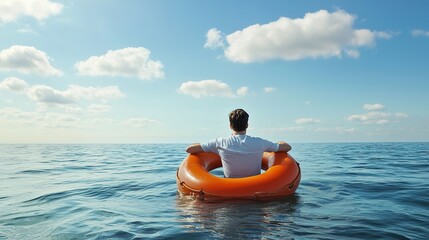 Man Alone at Sea in Life Ring