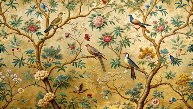 Fototapeta Intricate bird and tree motifs on a vintage chinoiserie wallpaper featuring ornate golden accents, intricate, trees,  intricate