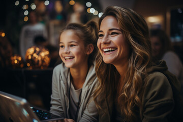 happy mother and teenage daughter watching a movie on a laptop,.Generative AI