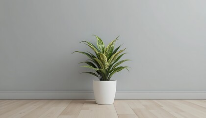 Fototapeta premium Modern Minimalist Interior Design with a Single Potted Plant on Light Wood Floor and Gray Wall