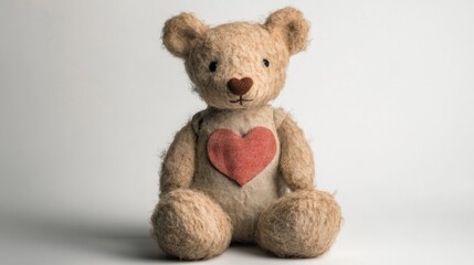 Obraz premium Worn teddy bear, heart patch, studio shot, white background, children's book illustration