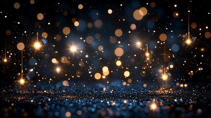 Sparkling glitter backdrop, festive lights, dark background, holiday card design