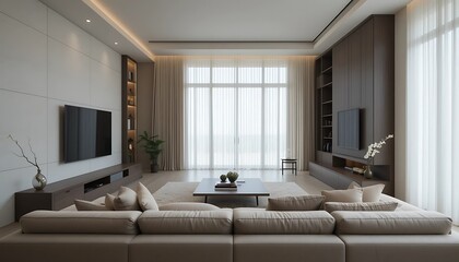 Modern minimalist living room interior design with beige sofa, large windows, and built-in wall units