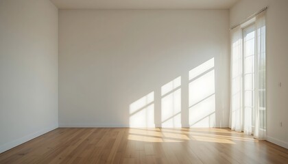 Empty bright room with hardwood floors, white walls, and sheer curtains, sunlight streaming through window