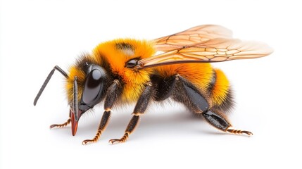 Close-up view of a vibrant bumblebee on a white background. Generative AI