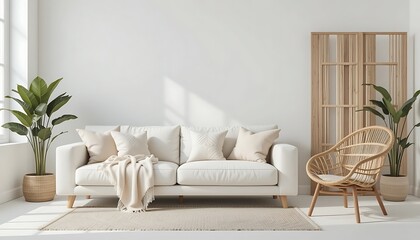 Modern minimalist living room interior design with white sofa, woven chair, and plants