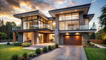 A modern house with a large front yard and spacious interior, featuring high ceilings and plenty of natural light pouring in through the big windows , spacious yard, modern house