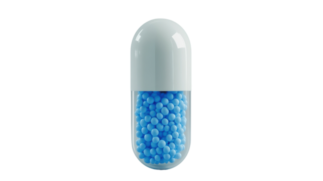 Blue granules filling transparent capsule on transparent background