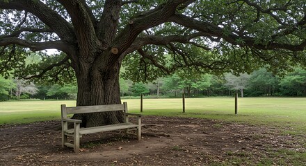 A rustic wooden bench sits beneath an old oak tree, providing a peaceful spot to relax.