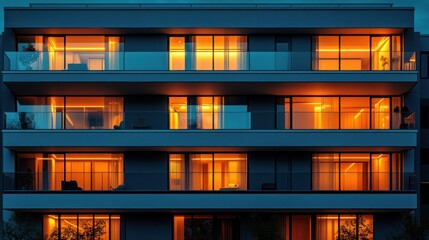 Obraz premium modern apartment building facade with glass balconies and minimalist design near the sea at golden hour