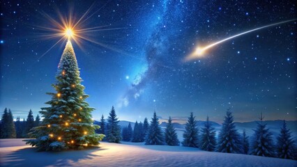 Naklejka premium Dark night sky with shooting star over a Christmas tree, Festive, Evening, Festive, Evening, Magical, Snowy, Night Sky