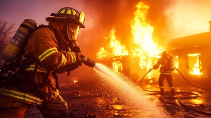 Naklejka premium Firefighters in Action: A Dramatic Scene of Fire Fighting and Rescue Efforts. Generative AI