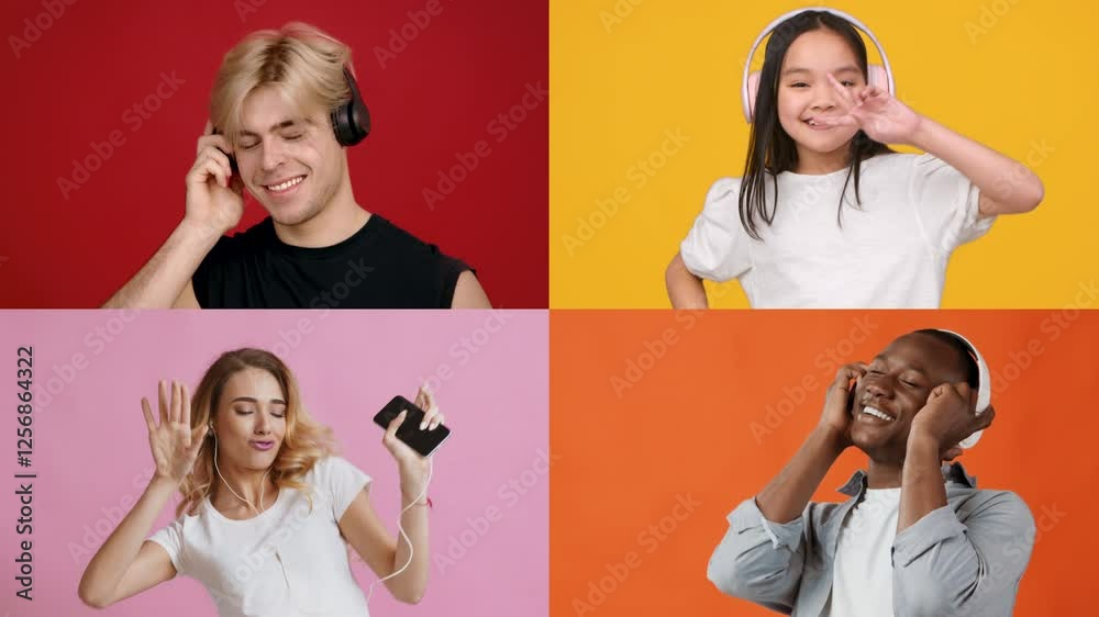 Poster a cheerful group of four individuals engages in listening to music with headphones. they exhibit exp