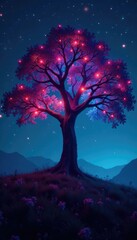Glowing electronic tree with LED lights and starry night sky, starry night, mystical