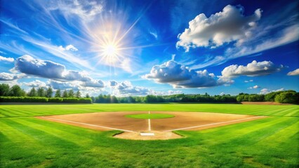 Lush green grassy baseball field under a bright blue sky with a few scattered white clouds and a sunny warm light shining down , baseball field, green grass