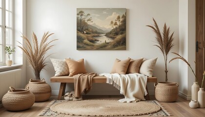 Serene Bohemian Living Room Decor with Neutral Tones and Natural Elements