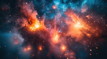 Vibrant cosmic explosion with colorful nebula clouds and glowing stars in a vast universe