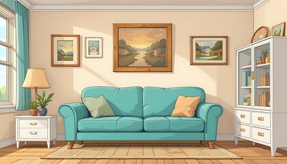 Fototapeta premium A Cozy and Sunlit Living Room with Teal Sofa, Artwork, and Bookshelf