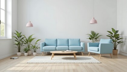 Modern Light Blue Living Room with White Walls and Wooden Floor