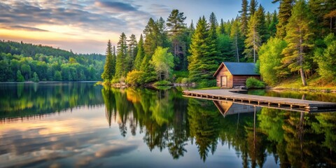 Fototapeta premium Secluded cabin on lake in Algonquin Provincial Park surrounded by dense forest and tall trees, with a wooden dock extending into the calm water , lake, serene