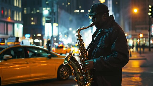 Street musician playing sax on a city street