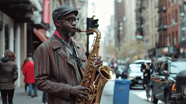 Street musician playing sax on a city street