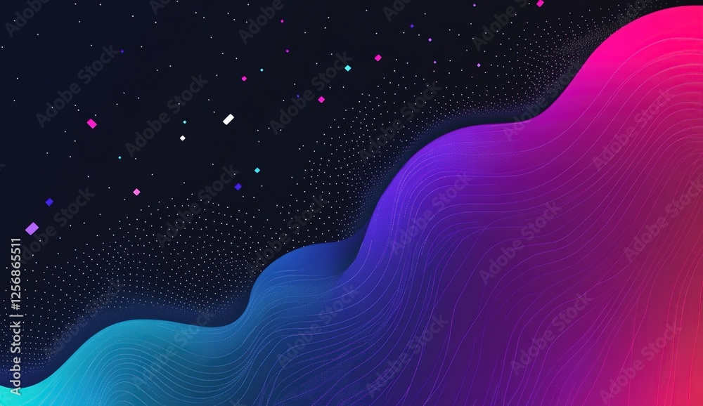 Poster abstract waves flowing dynamically in vibrant hues across a dark background with scattered glimmerin