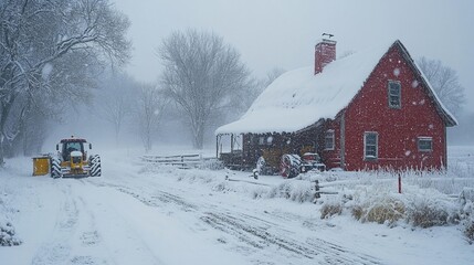 Naklejka premium Snow-covered red house and tractor clearing snow in winter. Generative AI