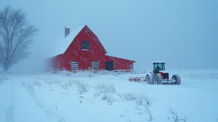 Red Barn in the Snow with Tractor and Snowstorm. Generative AI