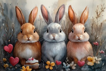 Adorable Watercolor Bunnies with Cupcake and Flowers Illustration Cute Rabbits Soft Pastel Colors...