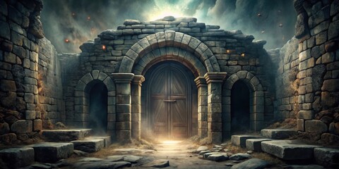 Fototapeta premium Dramatic Dark Catacomb Dungeon Entrance, crumbling stonework, dust, crumbling stonework