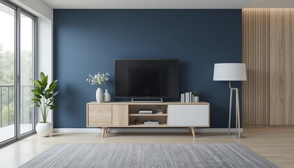 Modern living room interior design with blue wall, wooden TV stand, and stylish decor
