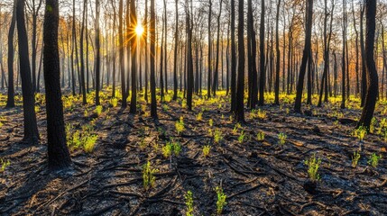 Sunlight filters through charred trees in a recovering forest after a wildfire, showcasing new growth