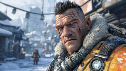 A rugged cybernetic warrior with scars and implants in a snowy futuristic city, wearing a fur-lined armored suit