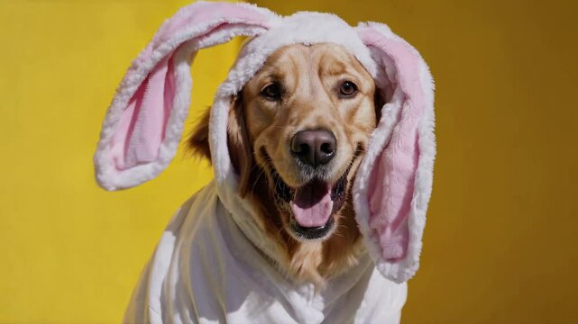 A playful video featuring a dog in a bunny costume against a yellow backdrop, shot from a front-facing angle, highlighting its joyful expression.