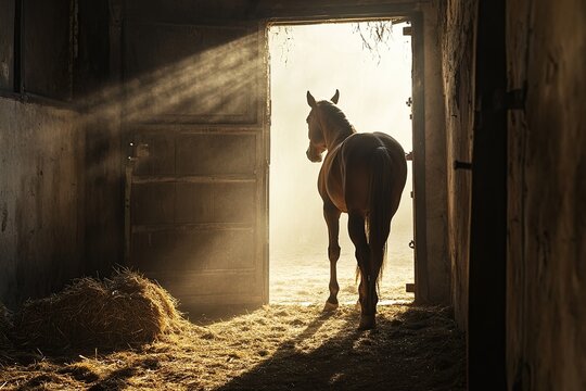 Majestic Horse Exits Stable, Sunlight Beams Illuminate Dust Motes in Rustic Barn Setting
