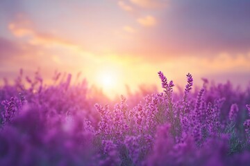 Fototapeta premium Sunset's Embrace: Purple Flowers Bloom Vibrantly in a Field at Golden Hour, Nature's Serene Beauty.