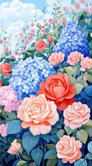 Fototapeta premium Watercolor painting showcasing beautiful roses and hydrangeas in full bloom
