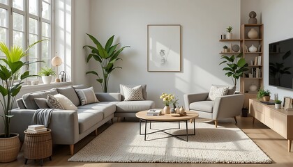 Obraz premium Modern Minimalist Living Room Design with Light Gray Sofa, Wooden Accents, and Greenery