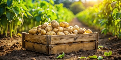 Freshly harvested ripe potatoes in a wooden crate from the potato field