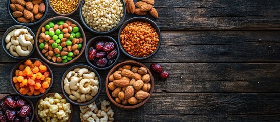 Fototapeta premium Wooden bowl snack mix, healthy food