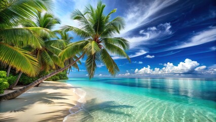Serene beach scene with palm trees and clear blue water, tropical paradise, beach scenery