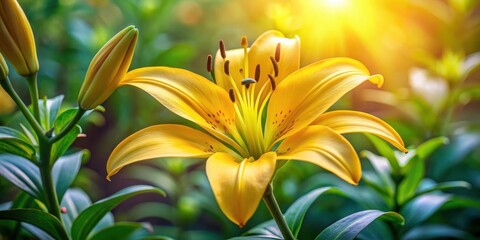 Obraz premium Close-up of a bright and cheerful vibrant yellow lily flower with delicate petals and a long slender stem surrounded by lush green leaves in a garden setting , foliage, nature